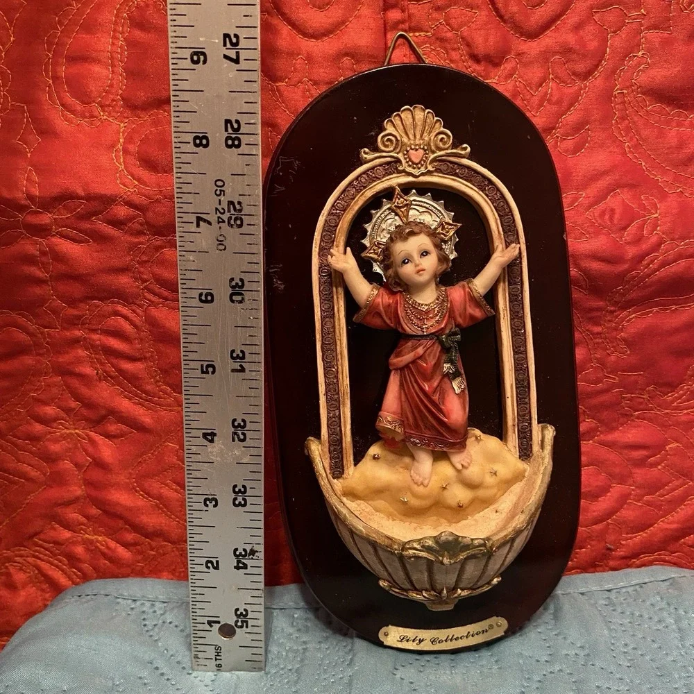 Divine Child Jesus Sacred Heart Holy‎ Water Wall Font VTG  Resin Mounted On Wood